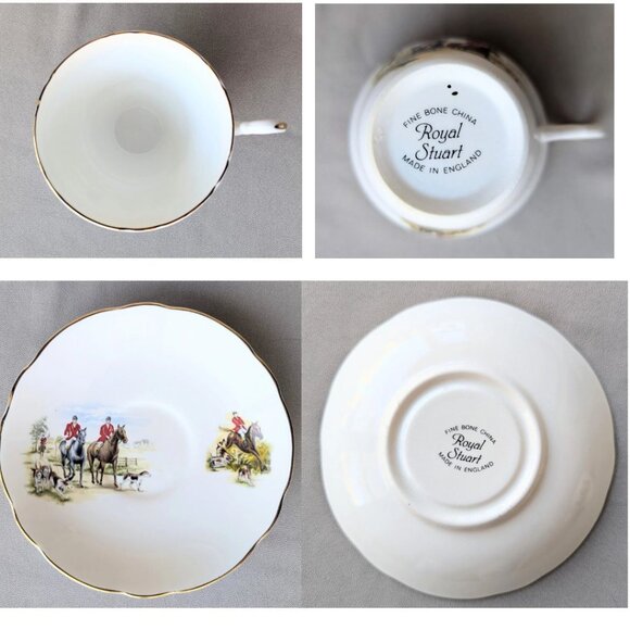 Vintage ROYAL STUART Fine Bone China Cup Saucer Equestrian HORSES and HOUNDS - Picture 5 of 6